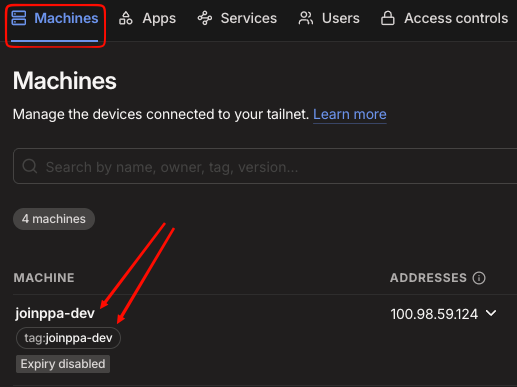 Check for new machine in Tailscale admin dashboard